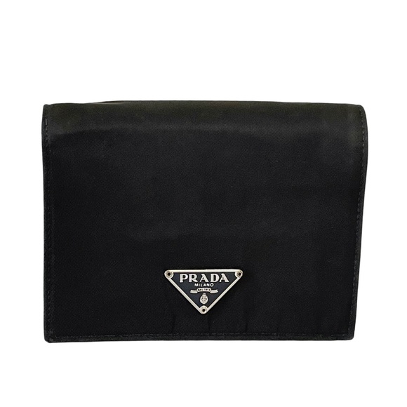 Prada black nylon triangle logo medium double bifold wallet unisex - Picture 1 of 11